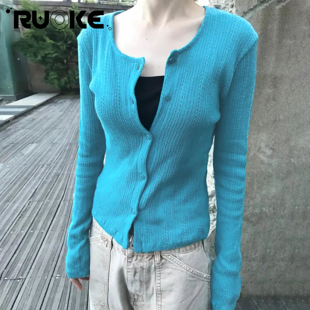 [RUOKE] Casual Streetwear Long Sleeve Top Spring Summer Knit Button Up Thin Coat Korean Style Outerwear Daily Cardigan Commuter
